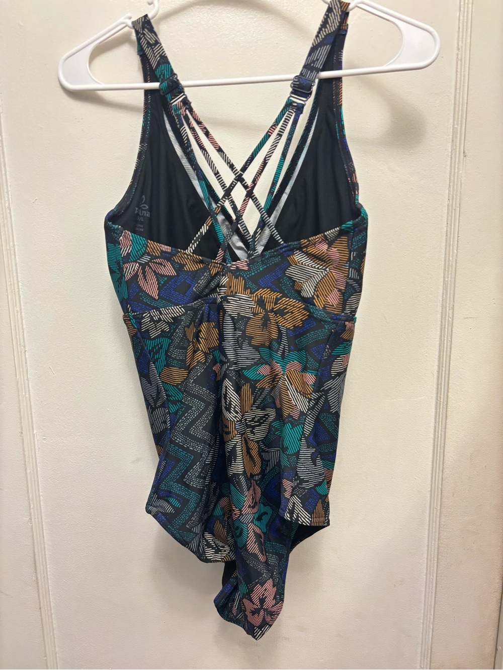 Prana One Piece Swimsuit Color Navy Blue Multi Pattern. Size Large (38D). - Picture 3 of 7